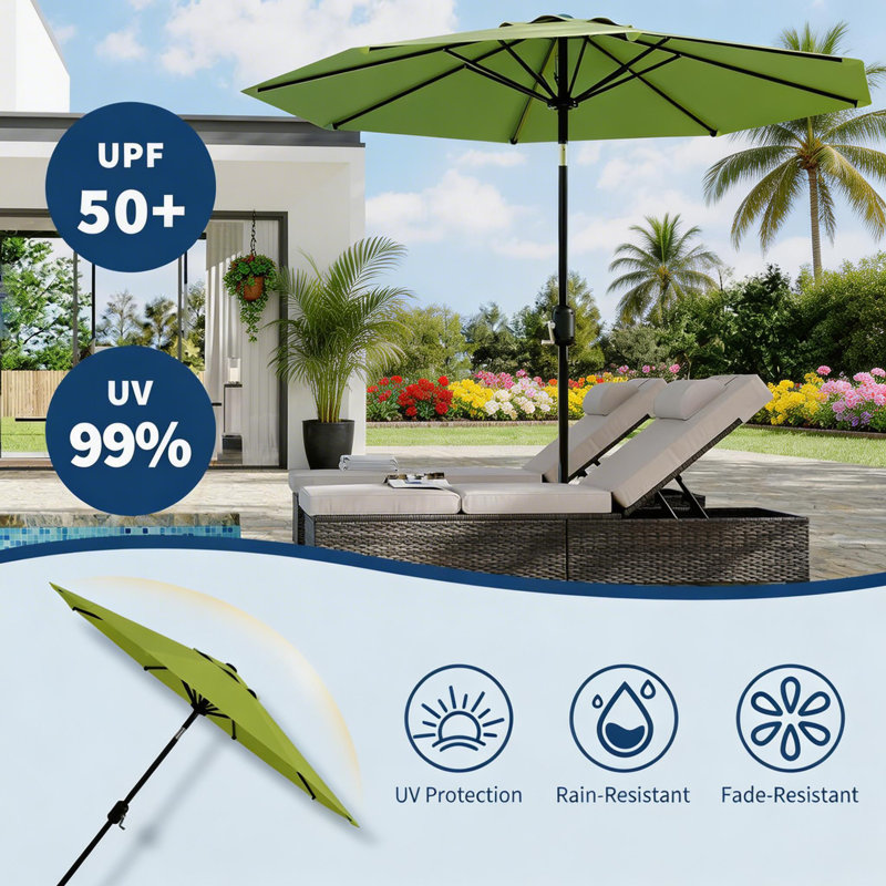 Parasol de patio extérieur de 10 pi avec manivelle et inclinaison à bouton-poussoir, protection UV imperméable, Vert clair