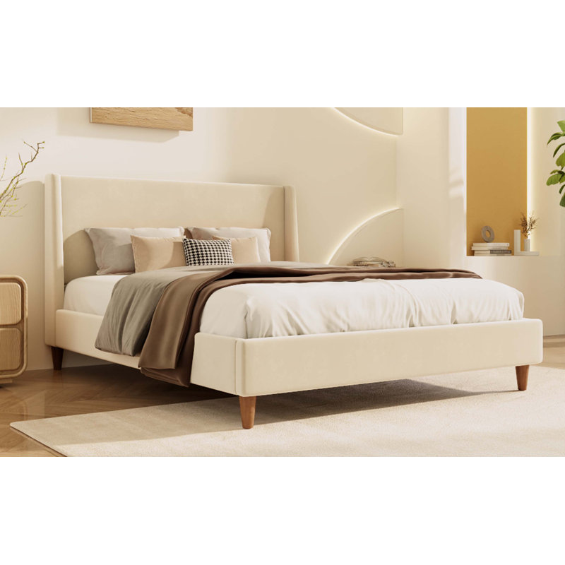 Lit plateforme tapissier moderne en velours beige avec tête de lit à oreilles et pieds en bois, aucun sommier nécessaire, grand