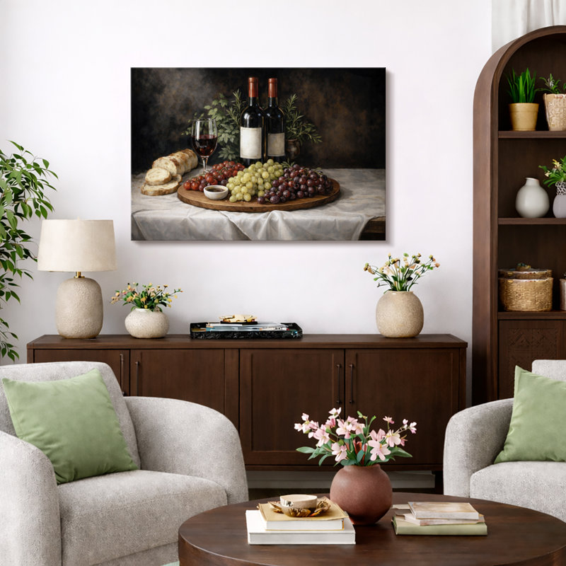 «Rustic Wine and Grapes Still Life», œuvre d'art classique, impression sur toile encadrée, Toile tendue