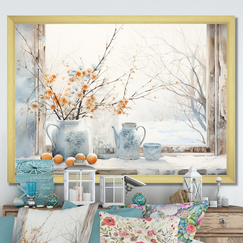 «Cottage In Winter Window Charm III», art mural fenêtres de ferme, Cadre d'angle fermé noir, H 30 po x l 40 po x P 1,5 po