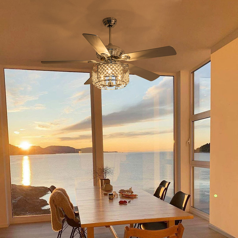 Kamori 52" Crystal Ceiling Fan w Wood Blades and 3 Lights, Crystal Light Shade, Quiet DC Motor w/ Remote