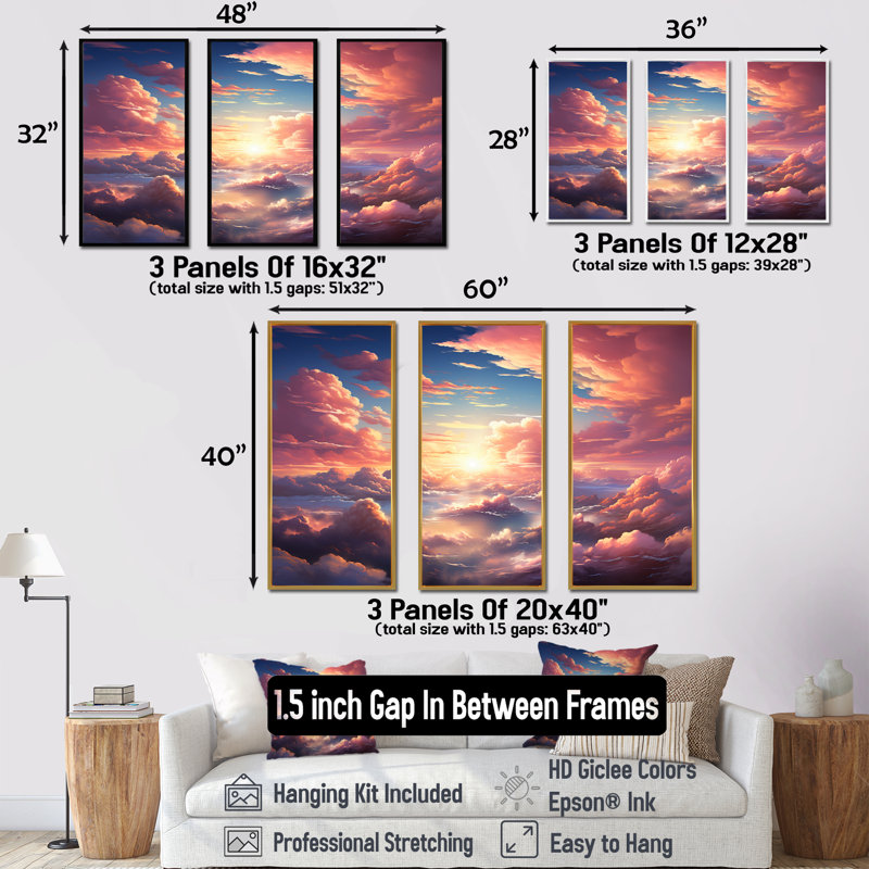 Kawaii Landscape Clouds II - Clouds, ensemble d'art mural, H 28 po x l 36 po x P 1 po, Cadre flottant noir