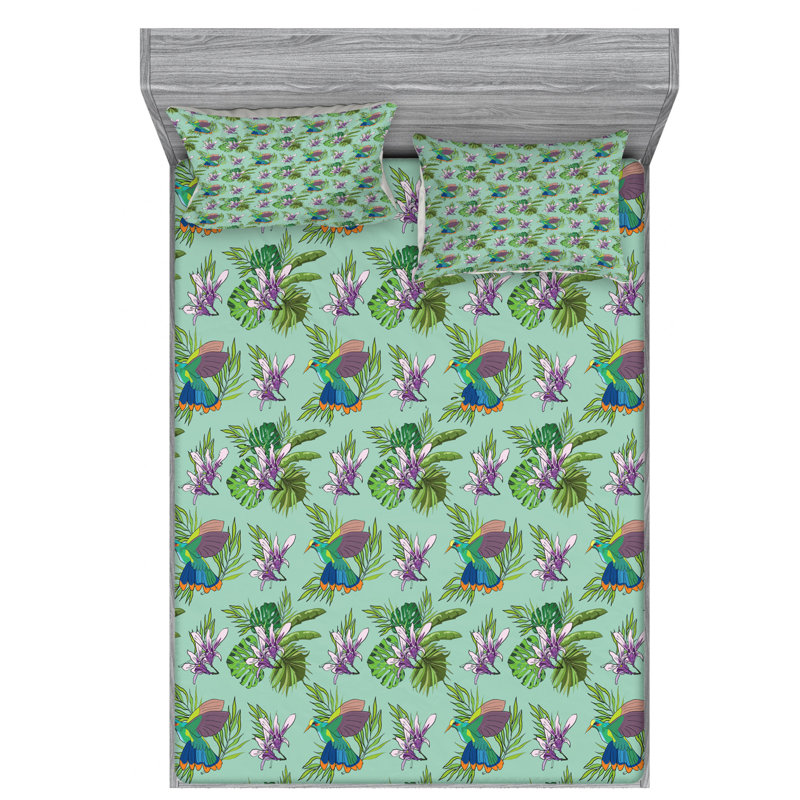 Microfiber Floral Sheet Set, Queen Sheet Set with Fitted Sheet, Green Floral