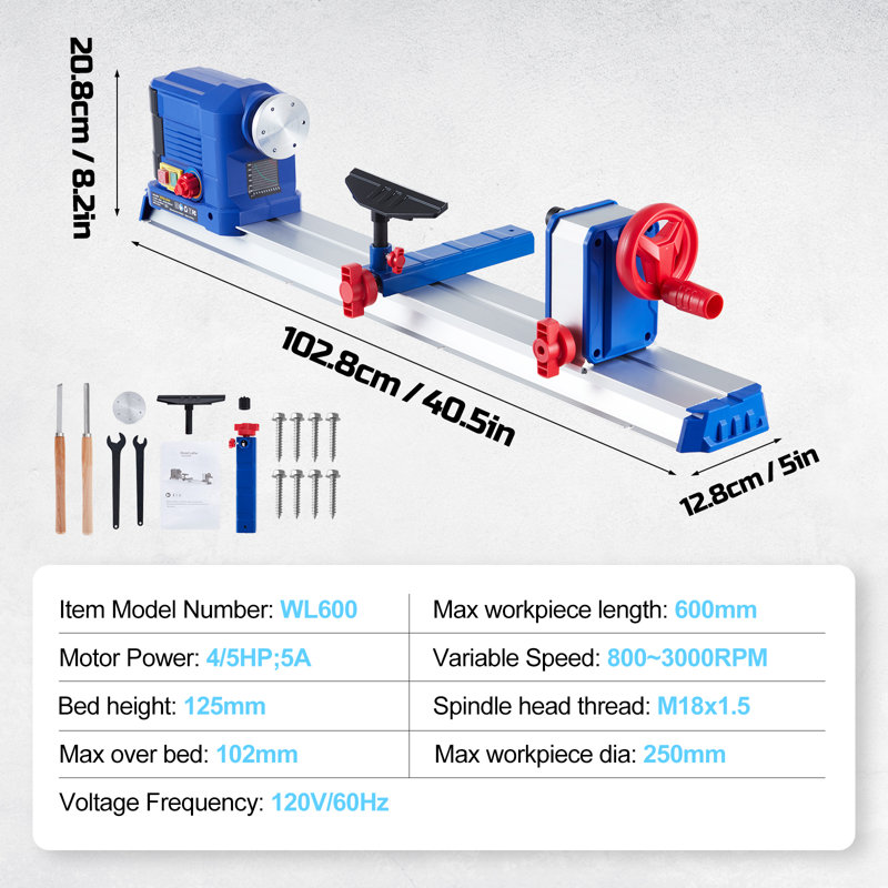 Puissant tour à bois de table de 600 W - vitesse réglable de 10 po x 24 po (800 à 3000 tr / min), moteur à fil de cuivre de précision, conception compacte bleue pour le bricolage et le travail du bois professionnel - Réglementations américaines, WL600