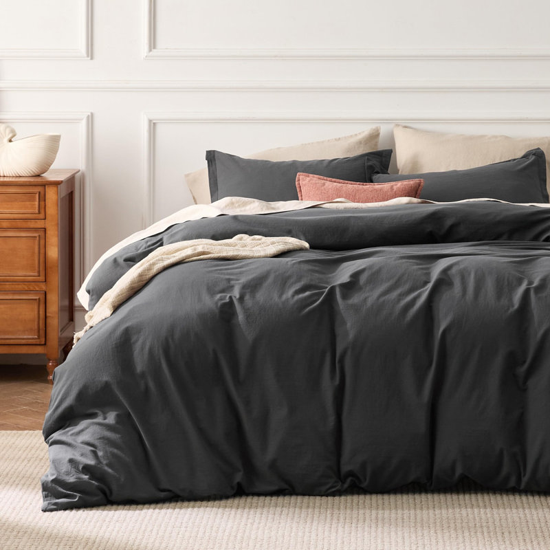 Bedsure 100% Washed Cotton Duvet Cover Set, charcoal gray, Super Queen Duvet Cover + 2 Shams(20"*30")