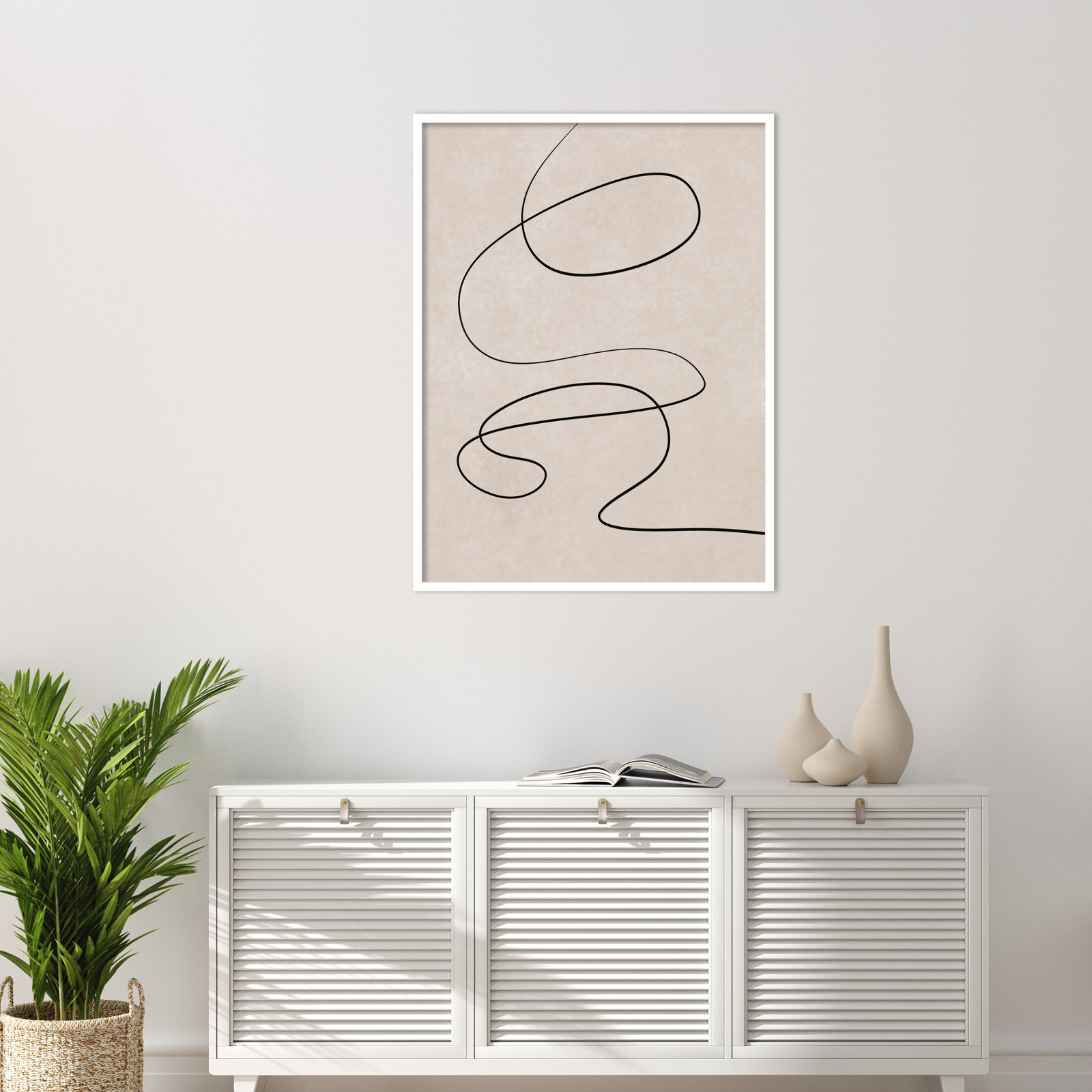 Black Line and Textured Beige Print, 41" H x 31" W, White