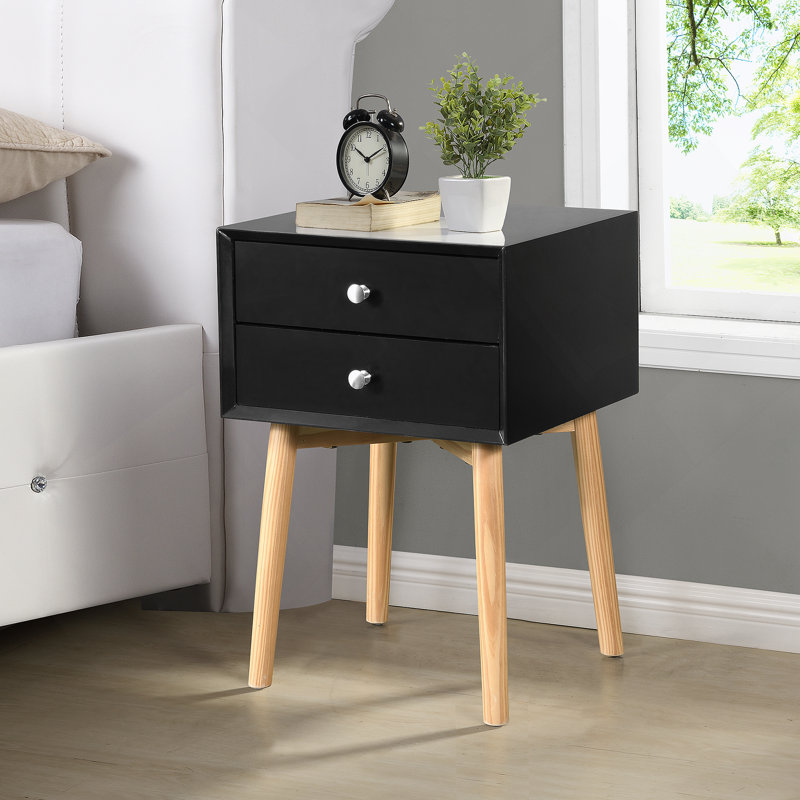 Table de chevet noire avec 2 tiroirs et pieds en bois d'hévéa noir, Noir
