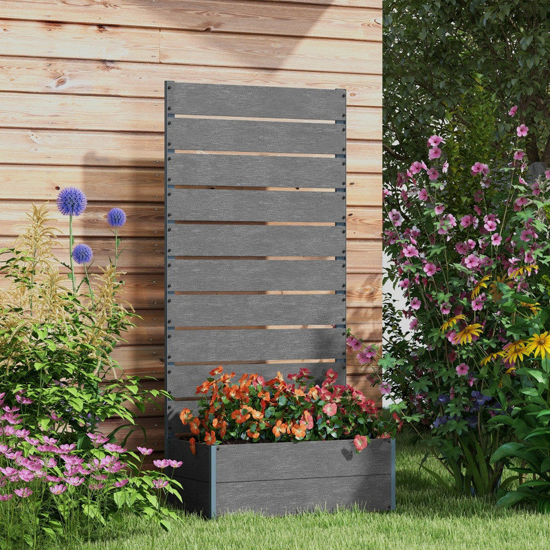 Grey Wooden Garden Planter Box with Back Trellis 34 x 69.5cm for Outdoor Climbing Plants
