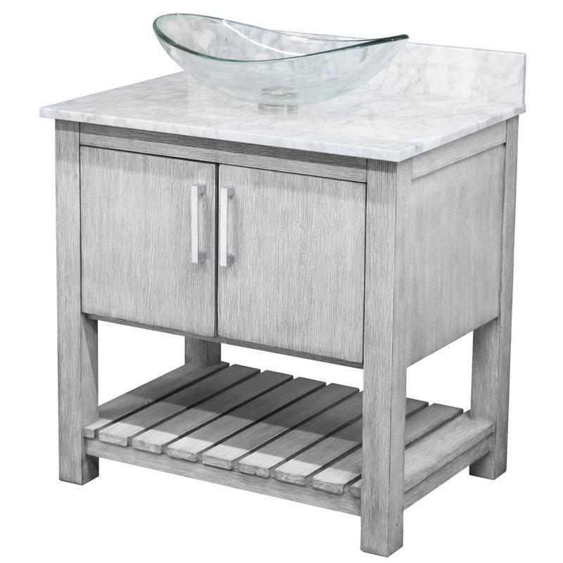 Meuble-lavabo 36 po avec comptoir en marbre de Carrare, lavabo en verre, Chrome