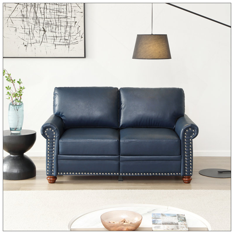 Causeuse de salon avec accoudoirs ronds et faux clous en cuir bleu marine, H 34,5 po x l 59,45 po x P 31,89 po, 2, Marine