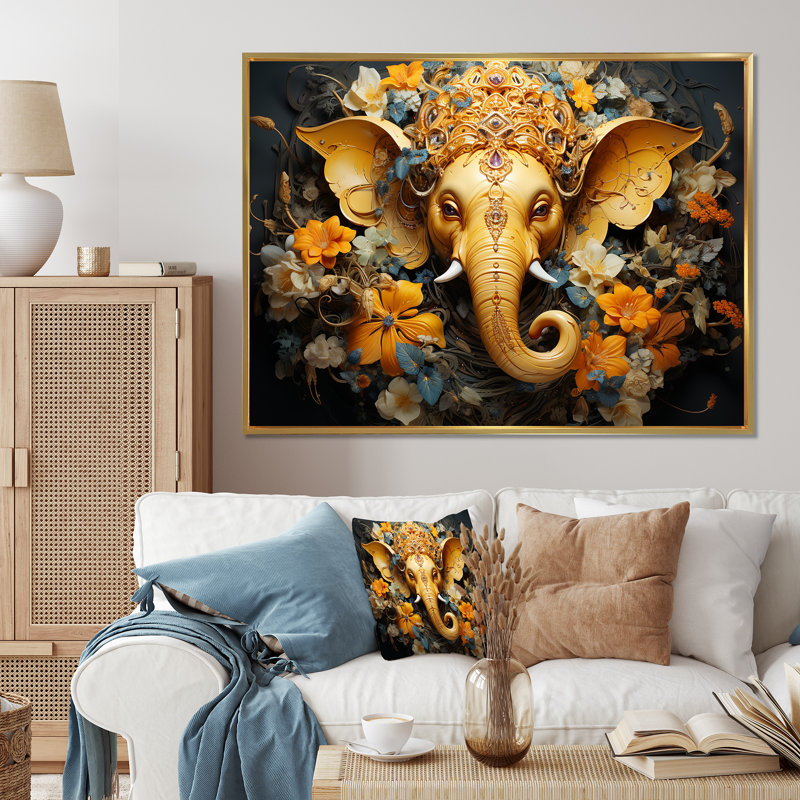 «Hindu Ganesha Elephant God Curmeric Tints» - décoration murale de l'hindouisme, Cadre flottant doré