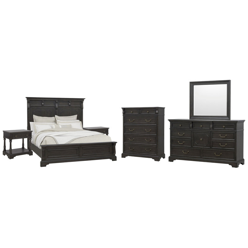 Commode 2 tiroirs avec miroir et commode à tiroirs Bolmat, Grand lit, Ensemble de 6 pièces : lit, 2 tables de chevet, 