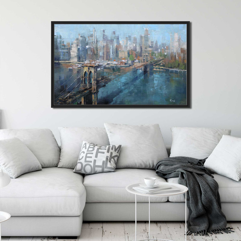 Brooklyn Bridge par - Peinture, H 39,5 po x l 63,5 po x P 2 po, Cadre flottant noir