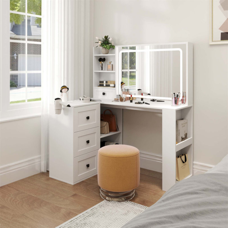 Élégant meuble-lavabo avec lumières DEL réglables et multiprise, 3 grands tiroirs, parfait pour le maquillage et le rangement