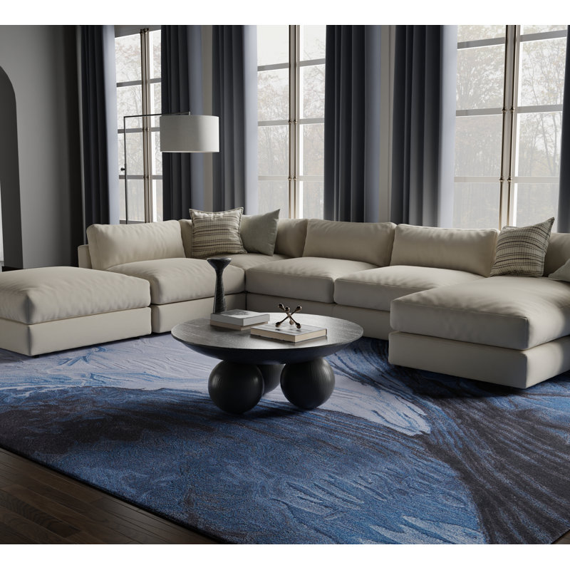 Kawai Hand Tufted Wool/Viscose Abstract Area Rug in Blue/Gray/Black, Rectangle 10' x 14'