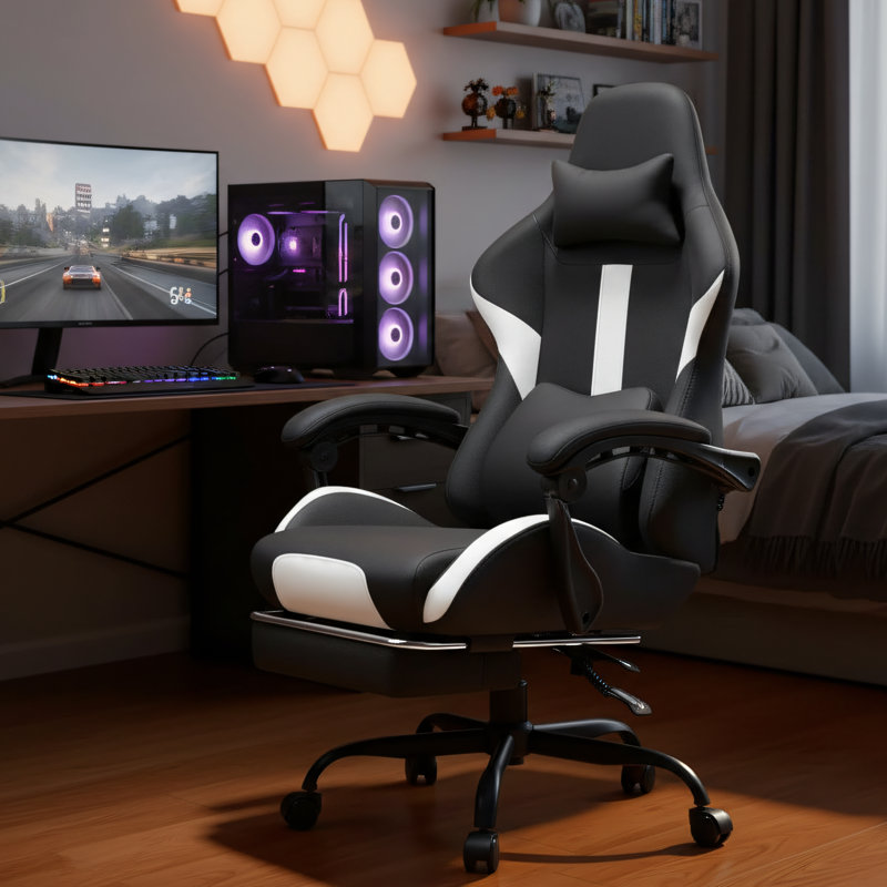Breathable Fabric Gaming Chair, Black, Ergonomic High Backrest With Headrest, Lumbar Support, Footrest, And Pocket Spring Seat Cushion.