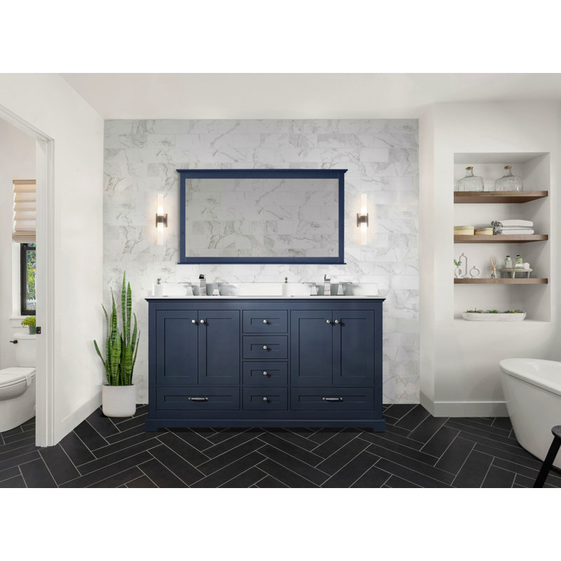 Meuble-lavabo double 60 po X P 22 po D, avec plateau en quartz blanc pour la maison, Marine