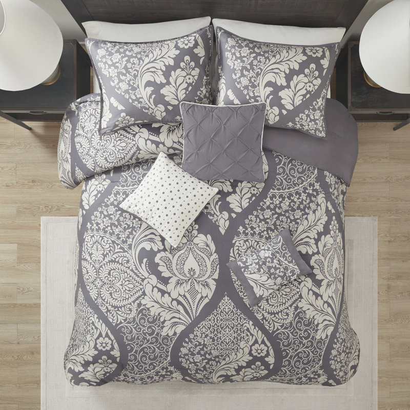 Édredon gris grand 7 pièces, imprimé coton, revers uni, rembourrage, oreillers décoratifs 7 pièces, grand lit, motif complexe, et