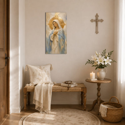 Vertical Virgin Mary Wall Art - Serene Catholic Canvas Painting, Blessed Mother Mary Picture for Catholic Home, Prayer Room, and Religious Decor, Wrapped Canvas with Pine Frame, 20×40 Inches