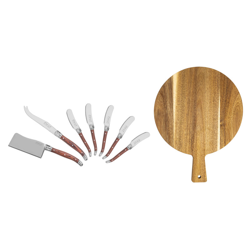 French Home Laguiole Cheese Knife and Spreader Set with Handles and Wood Board, Brown