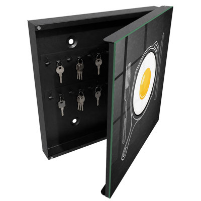 Key box for wall, Opens to the right, 30x30x5, Black, A frying pan with an egg on a black background, 