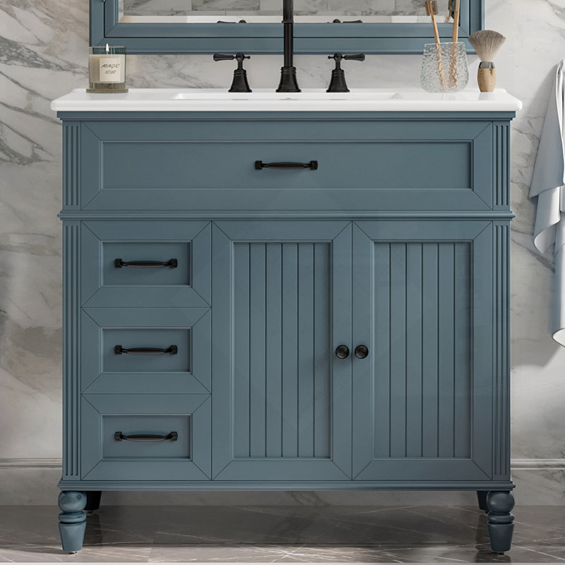 Meuble-lavabo bleu élégant avec lavabo, structure solide, panneau de fibres à densité moyenne et tiroirs spacieux pour les salles de bain modernes