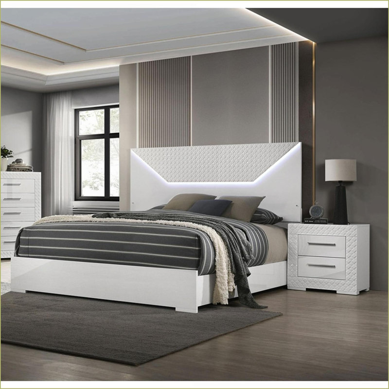 Ensemble de chambre à coucher, grand lit en bois blanc neige 4 pièces avec tête de lit DEL | Bois | Lits standard, Grand lit