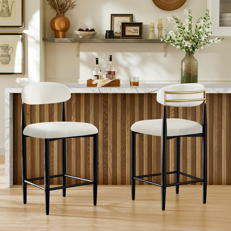 Modern Chenille Armless Bar Stool With Backrest And Gold-Accented Frame, White Chenille