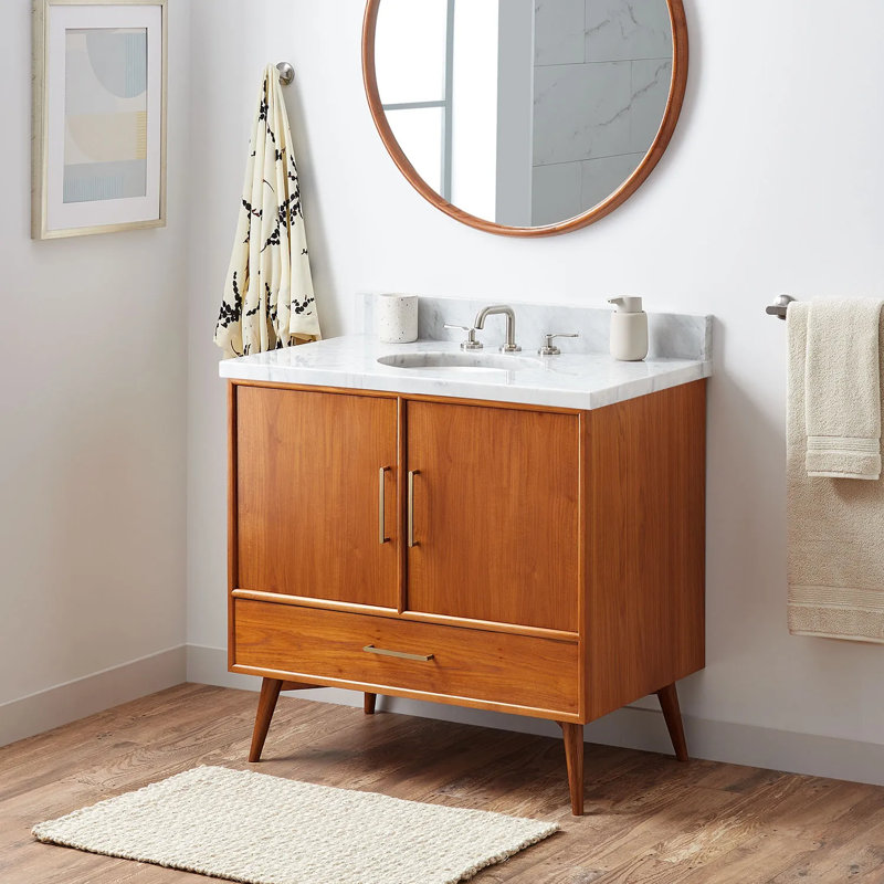 36" Novak Single Bathroom Vanity Set with Oval Undermount Sink, Natural Teak, 8" Widespread, Carrara Marble