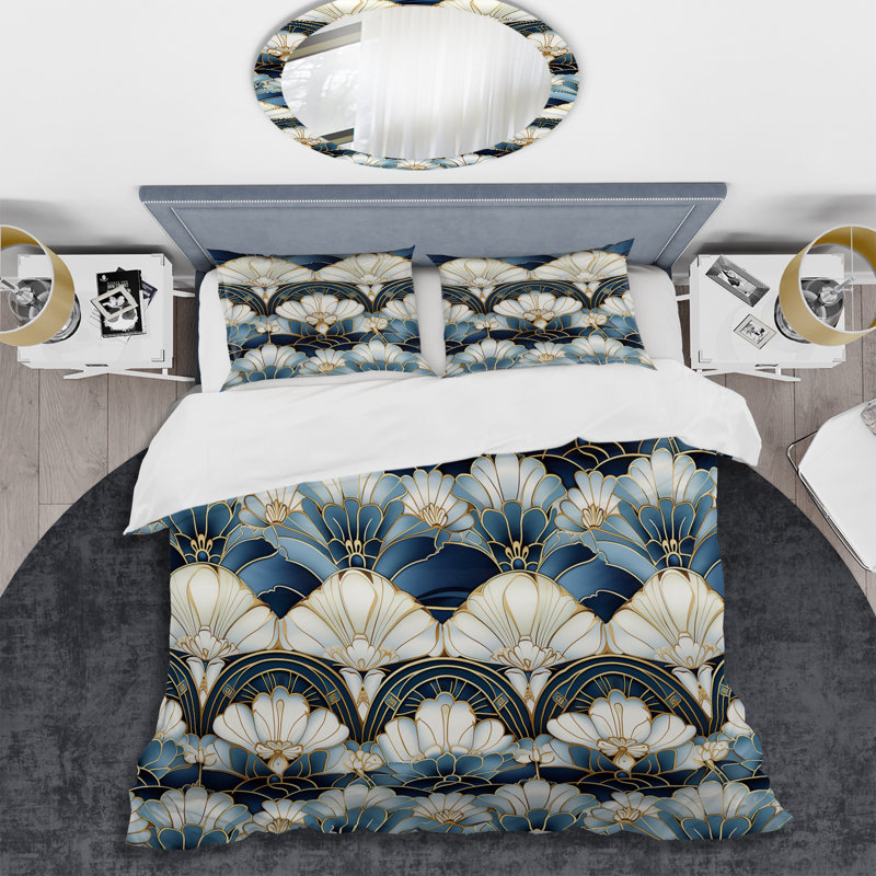 Literie art déco bleu et blanc des années 1970, Housse de couette pour grand lit et 2 taies décor