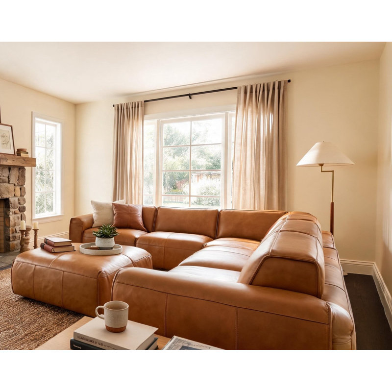 Fernagh Top Grain Leather Corner Sectional with Ottoman Saddle, Saddle Brown Genuine Leather