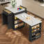 Console d'îlot extensible avec tiroirs, armoire à deux portes et tablettes ouvertes. Sert de table de salle à manger, de bar pour le petit-déjeuner temporaire et de salon de thé l'après-midi, noir