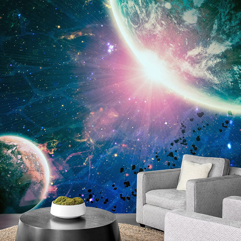 Planet In Outer Space Galaxy Border, 66" L x 96" W, Blue/Green