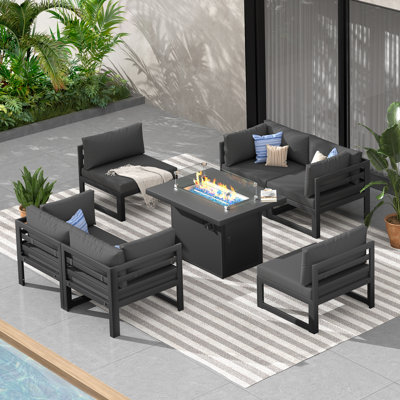 Gillet 7 Piece Patio Outdoor Aluminum Furniture Set with Gas/Propane Fire Pit Table, 29