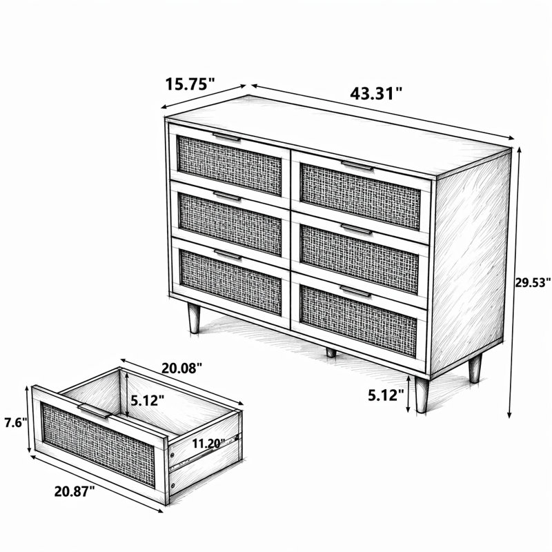 Ayanna 6 Drawer Rattan Storage Dresser, White, Gold, 29.72" H x 43.31" W x 15.75" D