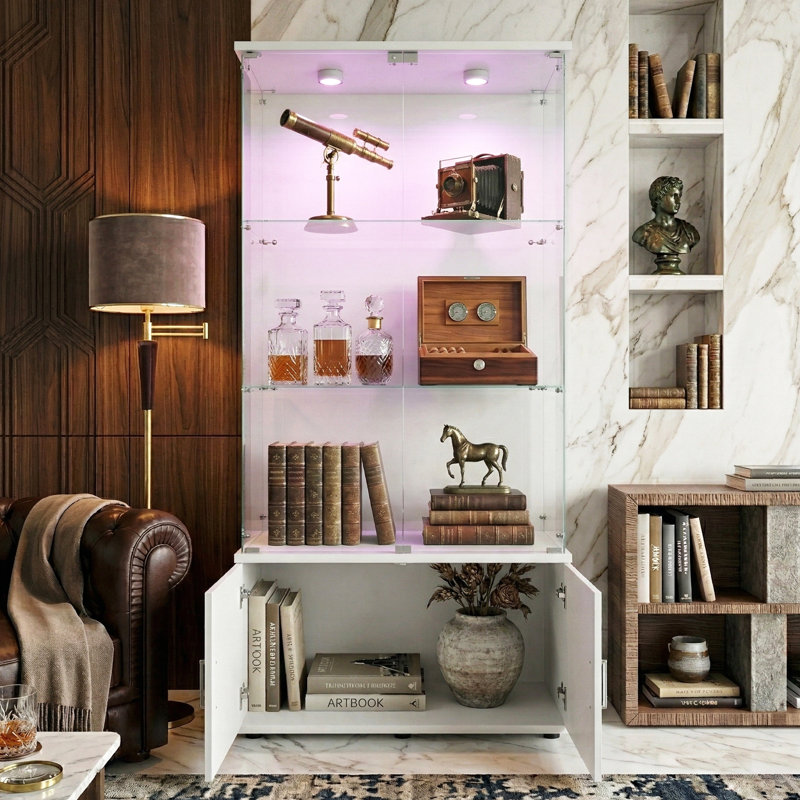 3-Tier Double Door Glass Display Cabinet with Bottom Storage Cupboard & LED Puck Lights,  Tall Curio Cabinet, Black / White