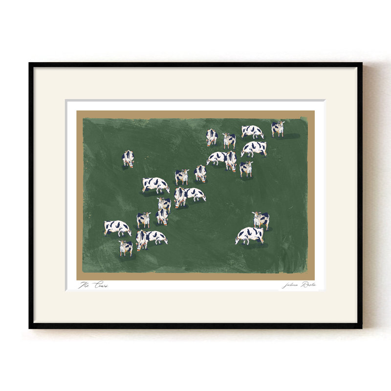 Mod-Ensemble The Cows par ChiChi - reproduction d'art sur fond vert avec bovins en pâture | H 24 po x l 32 po | Cadre noir