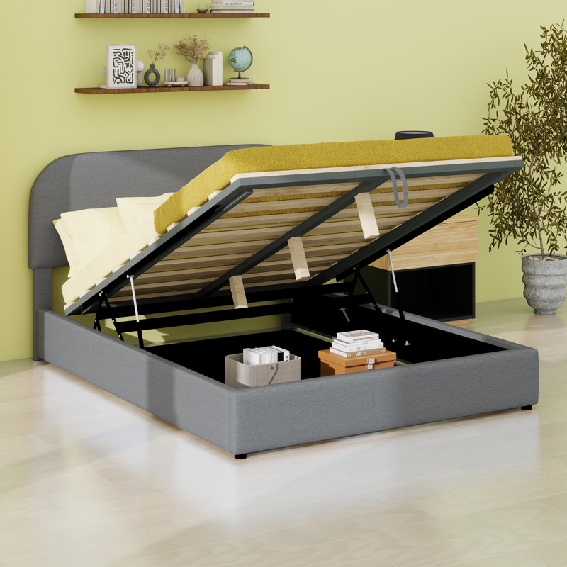 Lit plateforme tapissier avec système de rangement hydraulique Teddy, Gris, Lit double