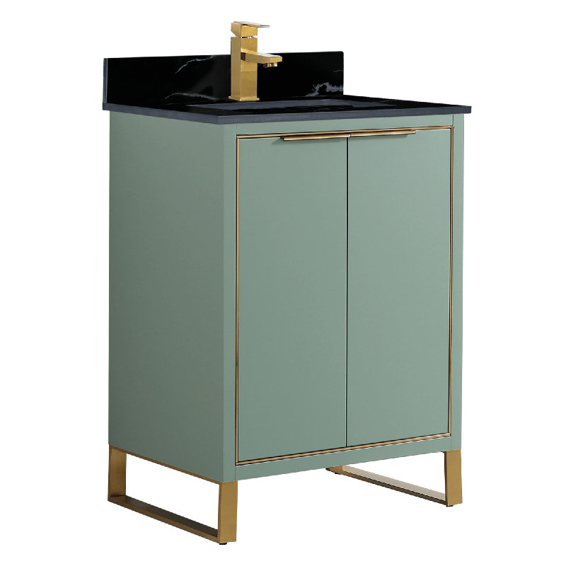 24'' Single Bathroom Vanity with Stone Top, Satin Brass, Mint Green