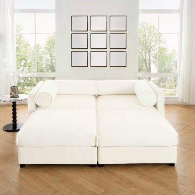 Stylish White Chenille 2-Seater Sofa With 2 Ottoman Storage, Cylindrical Backrest And Armrests, Modern Fabric Loveseat With Hidden Storage