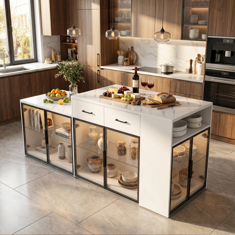 Îlot de cuisine 94,5 po blanc moderne avec sièges, 8 portes en verre trempé, 2 tiroirs, rangement lumineux et plateau en marbre