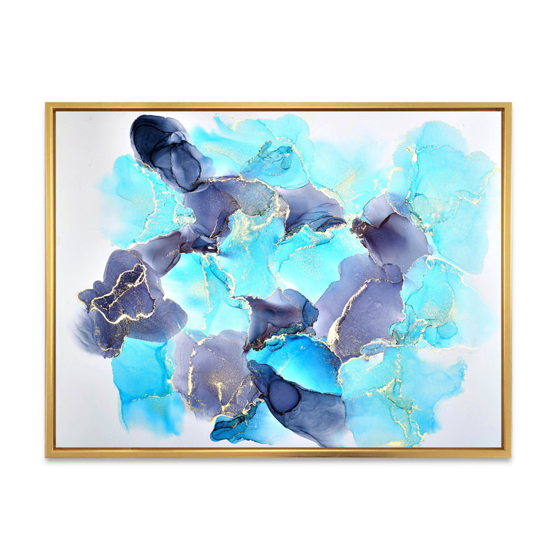 Turquoise de luxe abstrait fluide III - peinture sur toile, H 16 po x l 32 po x P 1 po, Cadre flottant doré