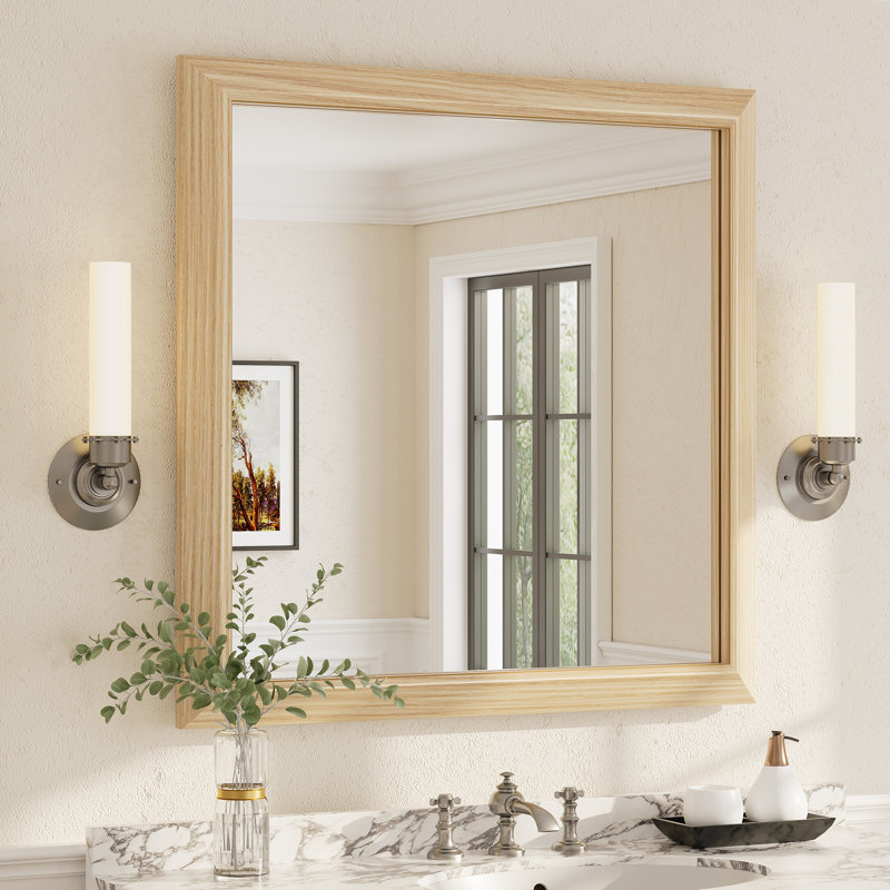 Amara Tempered Glass Mounted Wall Mirror, 36" x 36", Light Yellow Wood