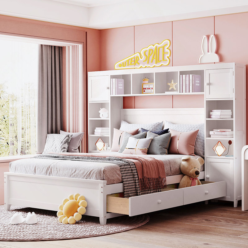 Structure de lit en bois avec armoire et tiroirs tout-en-un