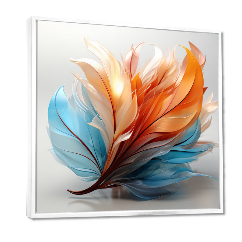 Fractal, plume d'ambre orange et turquoise I - art mural de plumes pour le salon, Reproduction avec cadre flottant, Blanc