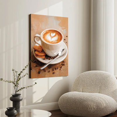 Impressionist Oil Painting Latte Art Coffee Cup With Cookies And Coffee Beans Large Gallery Wrapped Canvas Wall Art Print For Living Room Bedroom