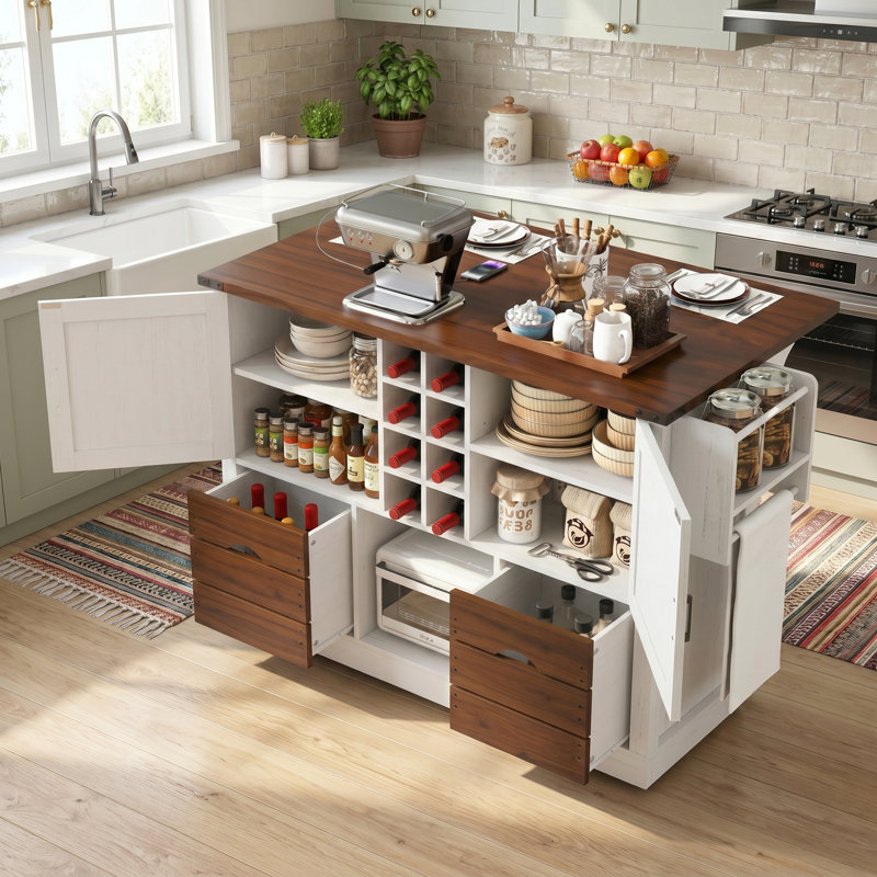 54" White Farmhouse Rolling Kitchen Island with Drop Leaf, Power Outlet, Spice Rack, 2 Doors & 2 Drawers, White