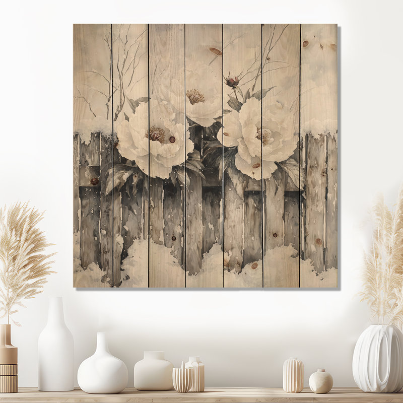 Peonies By The Snowy Fence In Winter I - Peonies Wood Wall Decor - On Natural Pine Wood, 25" H x 25" W x 0.78" D