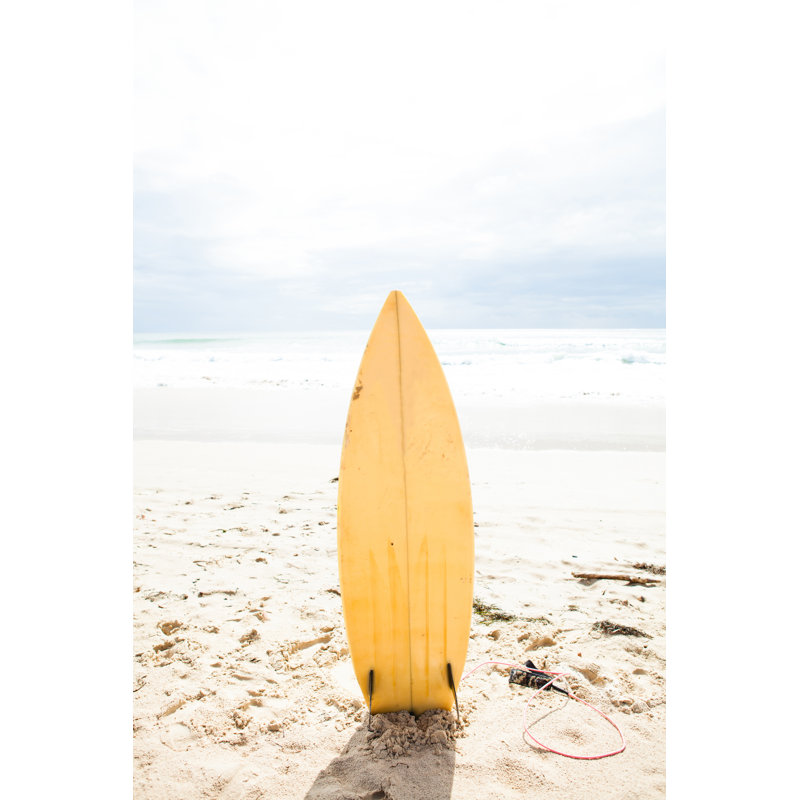 Surfboard Standing Upright In Sand - Wrapped Canvas Print, 91cm H x 61cm W x 3.8cm D