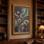 Tableau abstrait en toile représentant un cercle de phases lunaires turquoise et or-427198294